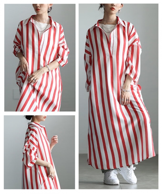 レディース 大人 上品 スキッパーネックストライプワンピース 【5月30