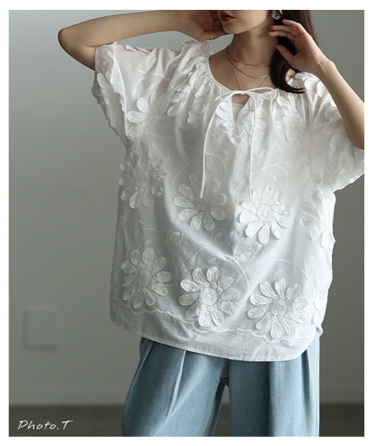レディース 大人 上品 立体花柄レース刺繍パフスリーブブラウス