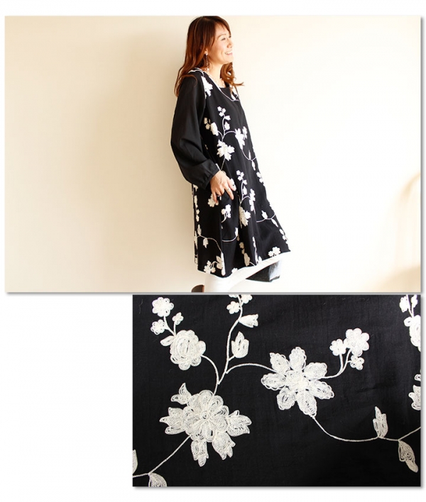 レディース 大人 上品 花柄刺繍長袖ワンピース mode-1430｜大人
