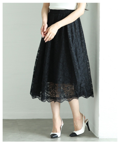 レディース 大人 上品 総レースミモレ丈ギャザースカート mode-2455