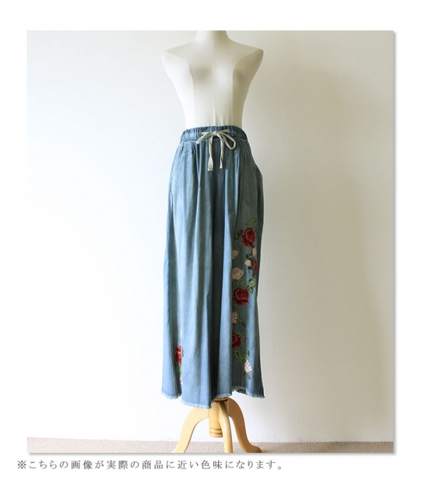レディース 大人 上品 バラ刺繍デニム風ワイドパンツ mode-3134