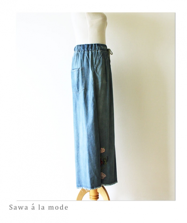 レディース 大人 上品 バラ刺繍デニム風ワイドパンツ mode-3134
