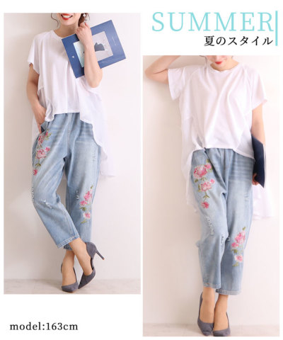 レディース 大人 上品 花刺繍入りデニム風イージーパンツ mode