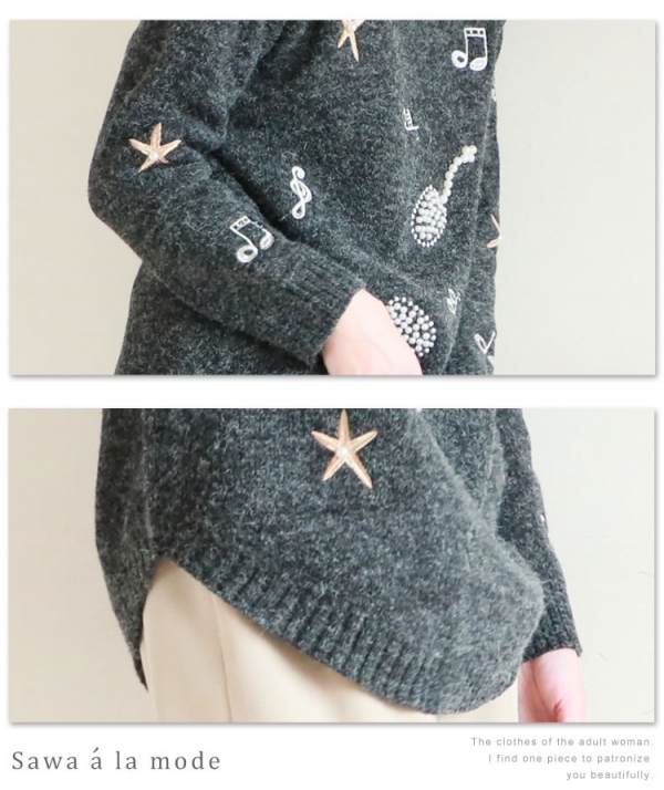 レディース 大人 上品 パール付きモチーフ刺繍ニットトップス レディース 大人 上品 パール付きモチーフ刺繍ニットトップス