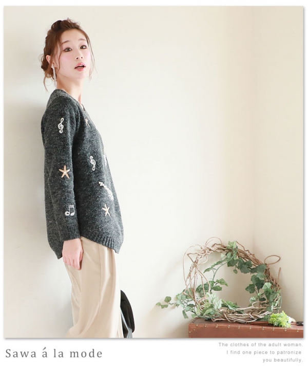 レディース 大人 上品 パール付きモチーフ刺繍ニットトップス