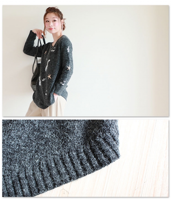レディース 大人 上品 パール付きモチーフ刺繍ニットトップス