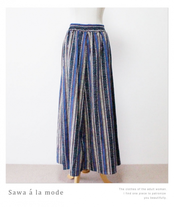 レディース 大人 上品 エスニック風ストライプマキシ丈スカート mode