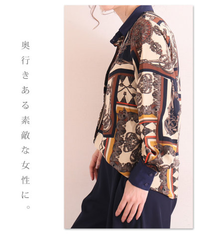 週末SALE おしゃれ スカーフ柄ブラウス 着痩せします
