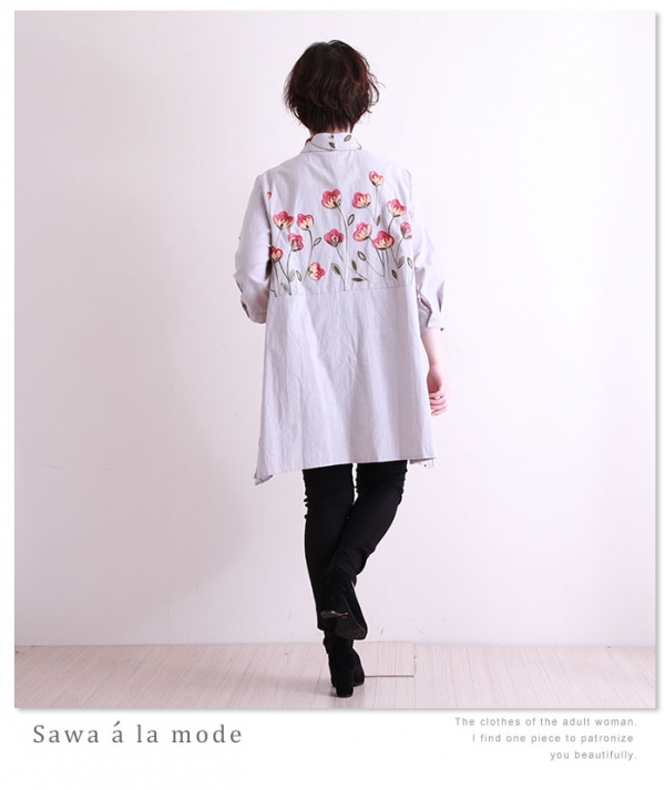レディース 大人 上品 花柄ポイント刺繍シャツチュニック｜大人女性のためのナチュラルファッション通販サワアラモード