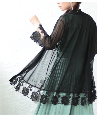 レディース 大人 上品 裾花レース7分袖カーディガン【メール便可