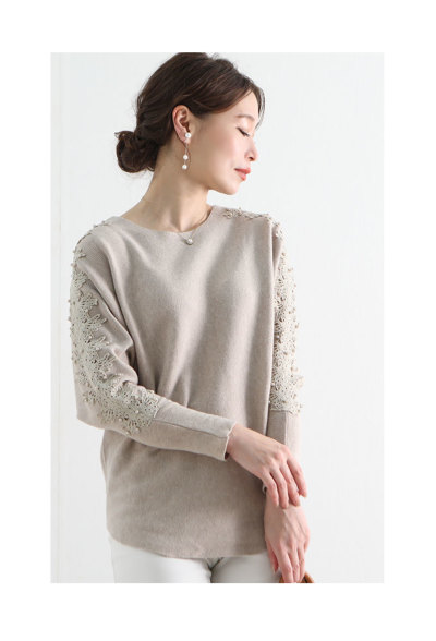 レディース 大人 上品 繊細パールレースドルマンスリーブニット mode