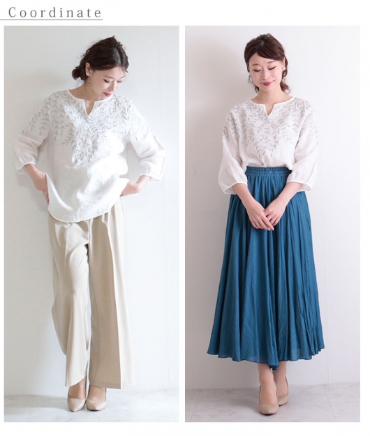 レディース 大人 上品 ボタニカルリーフ刺繍のリネントップス【メール
