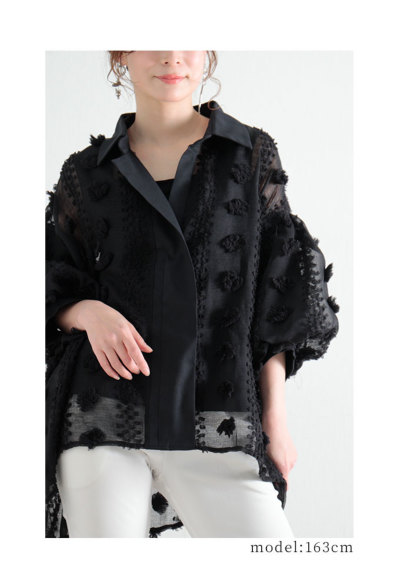 レディース 大人 上品 花模様のぽわん袖シースルートップス mode-6367