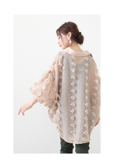 レディース 大人 上品 花模様のぽわん袖シースルートップス mode