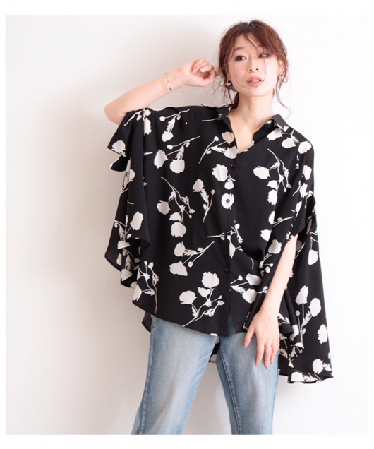 レディース 大人 上品 ワイドシルエットの花柄シャツ mode-6394