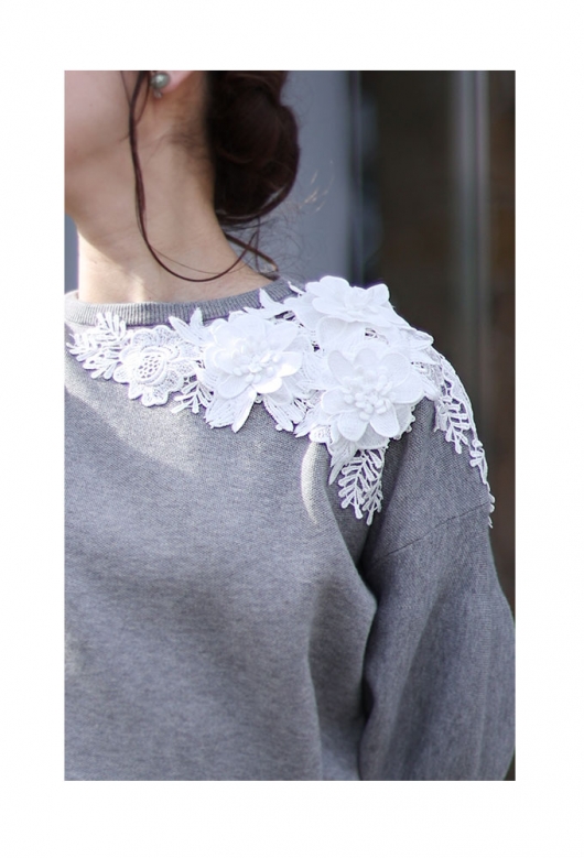レディース 大人 上品 花モチーフレースのニットトップス mode-6450x