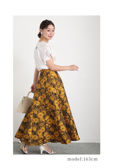 レディース 大人 上品 花々シックに咲き誇るイエロージャガード