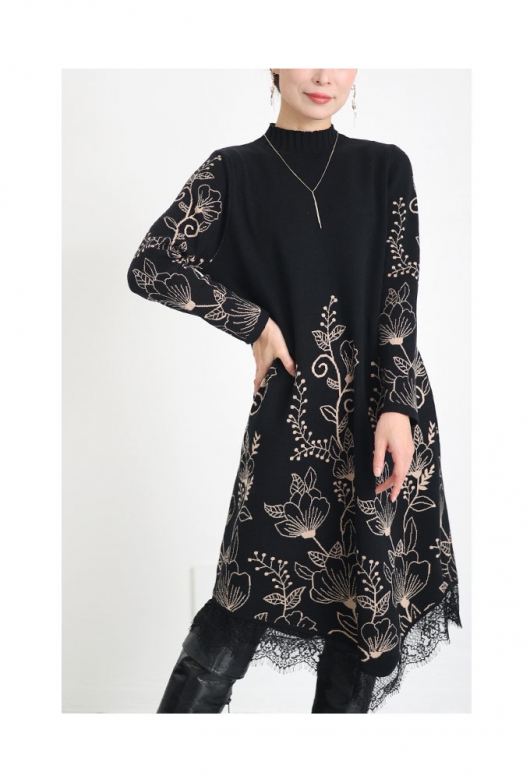 レディース 大人 上品 草花咲く裾レースニットワンピース mode