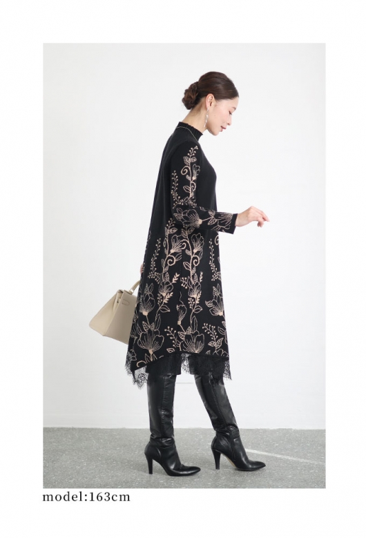 レディース 大人 上品 草花咲く裾レースニットワンピース mode