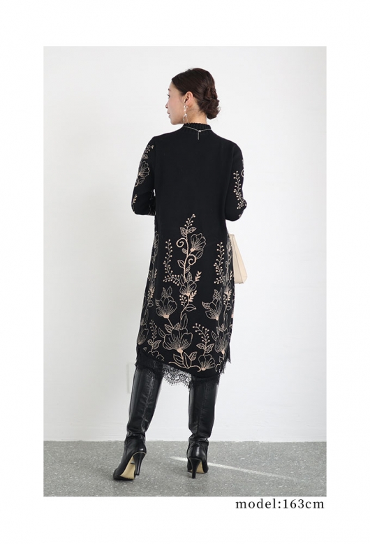 レディース 大人 上品 草花咲く裾レースニットワンピース mode