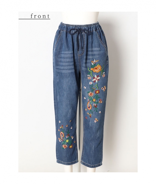 レディース 大人 上品 花咲く刺繍のイージーデニムパンツ mode
