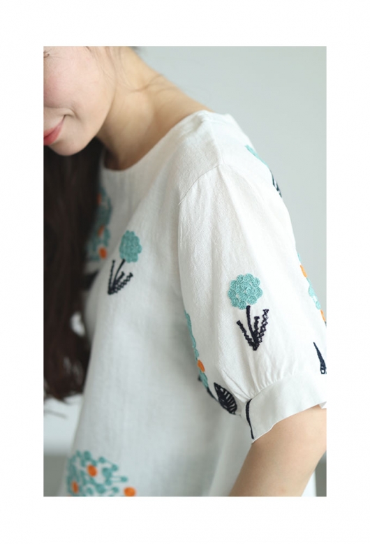 レディース 大人 上品 風を感じる綿花刺繍シャツブラウス【ゆう