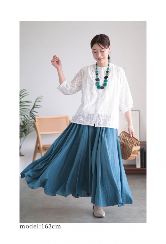 レディース 大人 上品 流れる蔦刺繍のコットンシャツブラウス