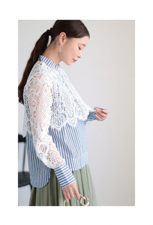 4746【美品】サカイ半袖ストライプブラウス 編上げ レースアップ