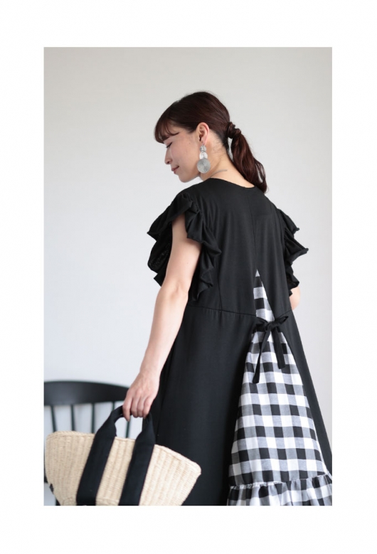 レディース 大人 上品 ギンガムチェックが揺れる切替ロングワンピース