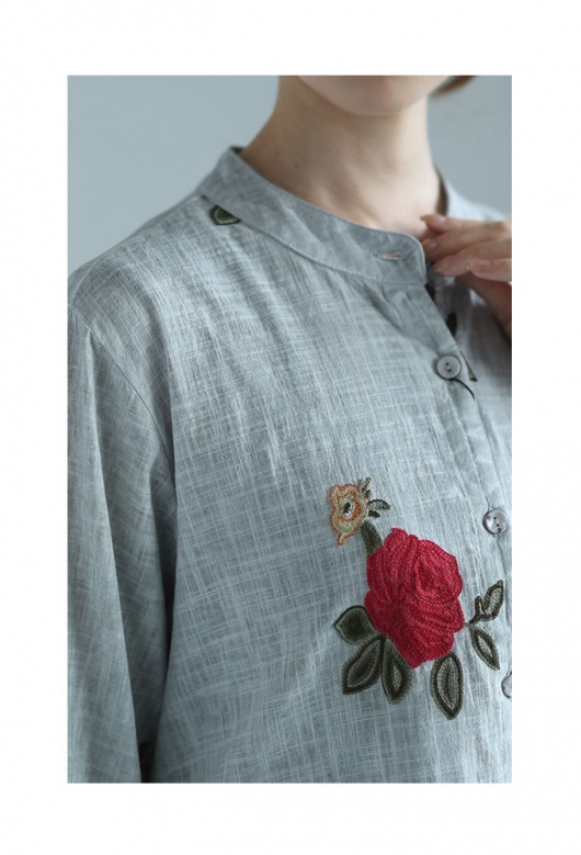 レディース 大人 上品 花刺繍咲くコットンシャツブラウス