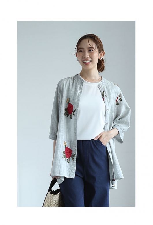 レディース 大人 上品 花刺繍咲くコットンシャツブラウス