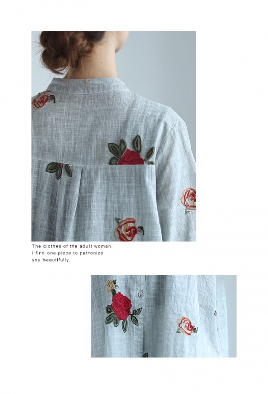 レディース 大人 上品 花刺繍咲くコットンシャツブラウス