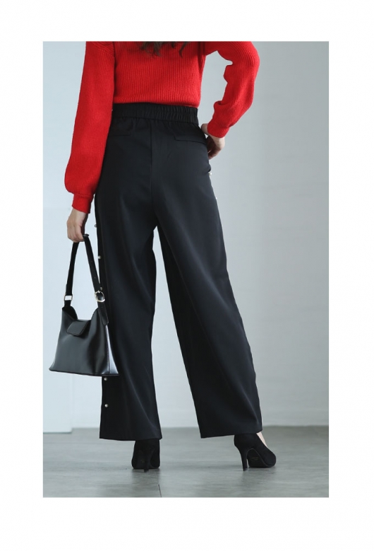 レディース 大人 上品 艶めくサイドパール付きワイドパンツ mode