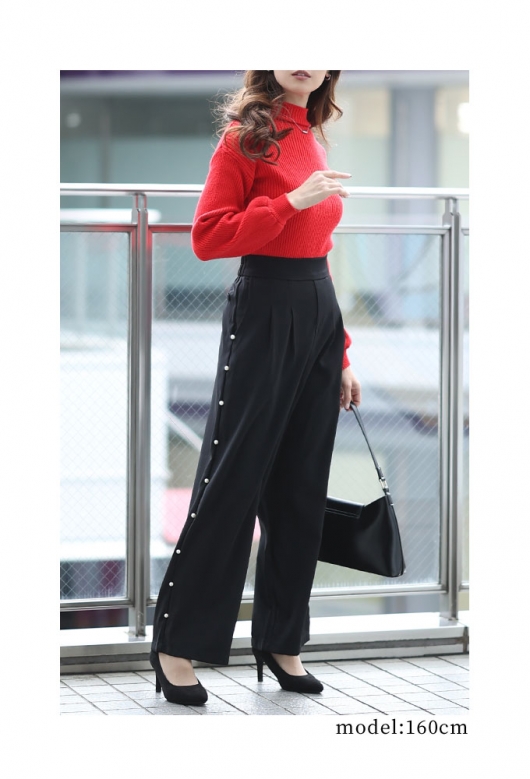 レディース 大人 上品 艶めくサイドパール付きワイドパンツ mode