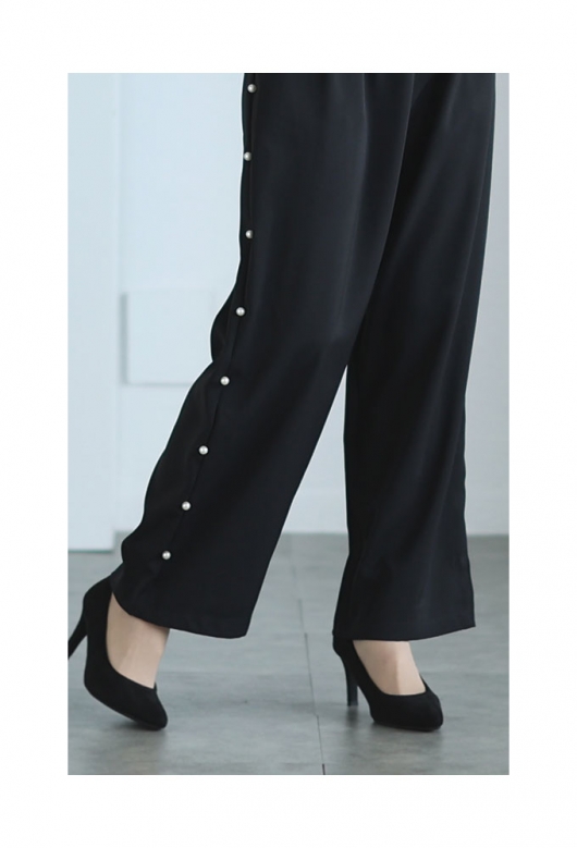 レディース 大人 上品 艶めくサイドパール付きワイドパンツ mode