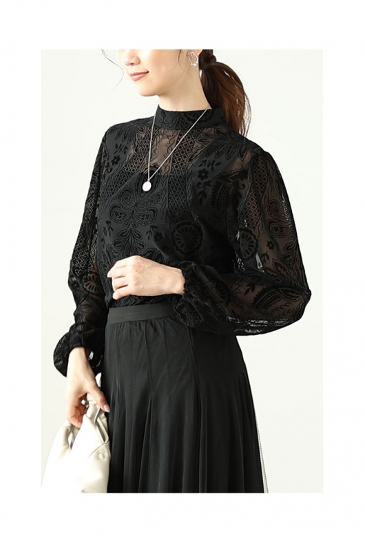 レディース 大人 上品 オリエンタル柄フロッキープリントシアー