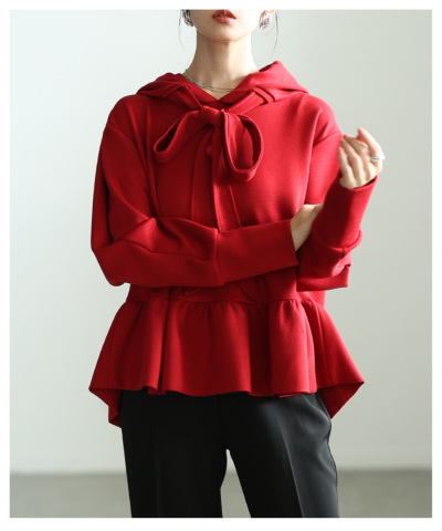 レディース 大人 上品 リボンタイ付きペプラムフーディートップス mode