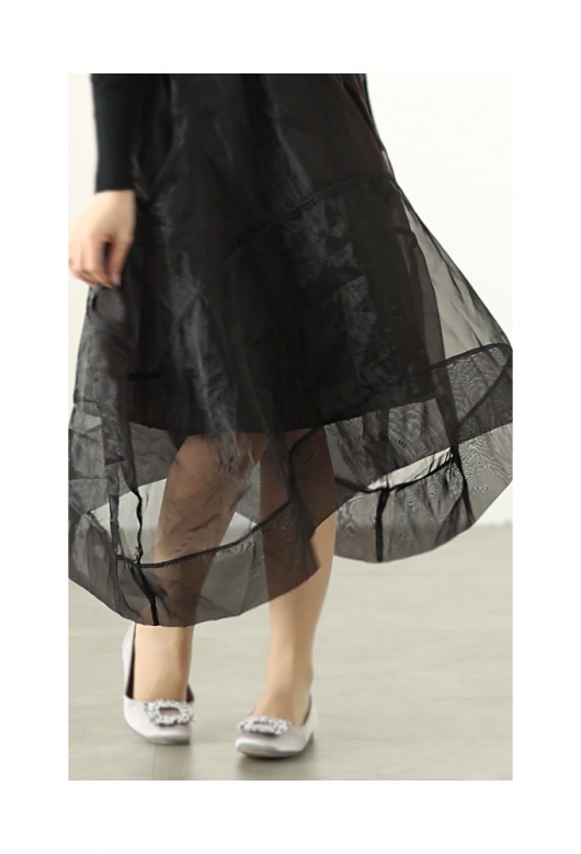 レディース 大人 上品 ニット切り替えアシンメトリーオーガンジー