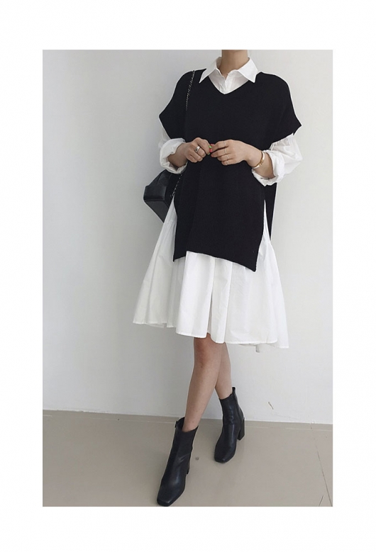 レディース 大人 上品 ニットベストとシャツワンピースの2点