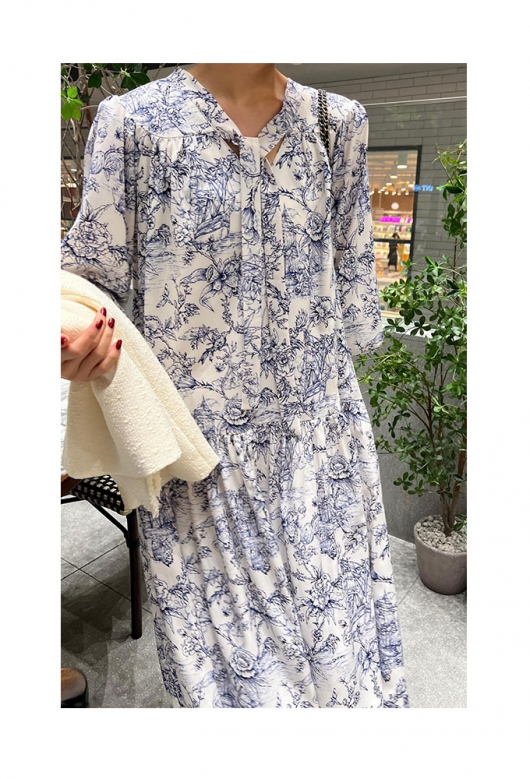 レディース 大人 上品 線画で描いた風景画ティアードロング