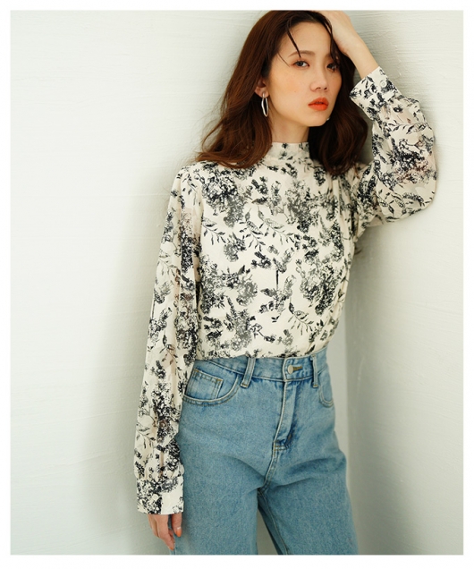 レディース 大人 上品 バックリボンのボタニカル柄シアーシャツ