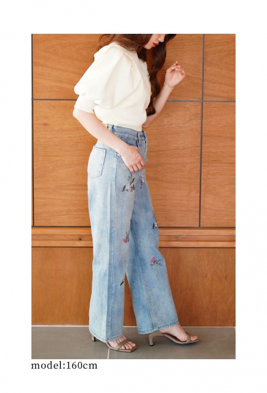 レディース 大人 上品 フラワー刺繍セミワイドデニムパンツ mode-9891