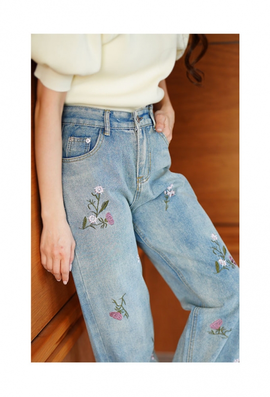 レディース 大人 上品 フラワー刺繍セミワイドデニムパンツ mode-9891