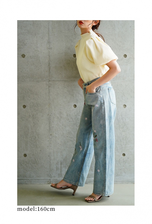 レディース 大人 上品 フラワー刺繍セミワイドデニムパンツ mode-9891