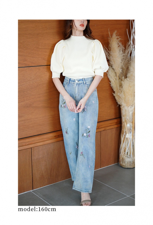 レディース 大人 上品 フラワー刺繍セミワイドデニムパンツ mode