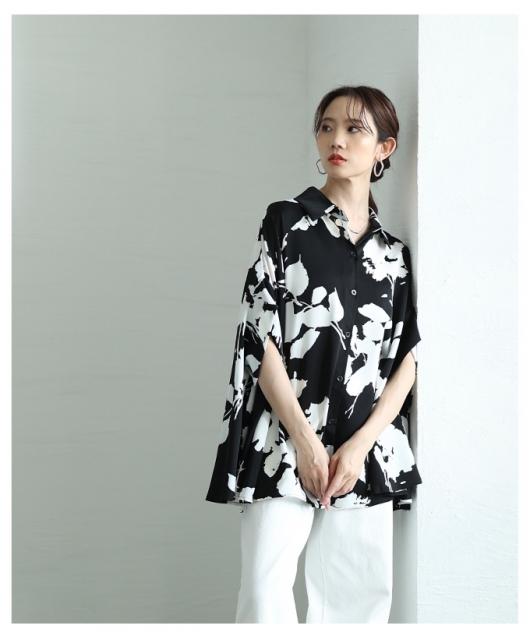 レディース 大人 上品 美ドレープフラワーシルエットドルマンブラウス