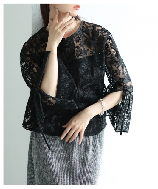 レディース 大人 上品 総花柄レースフレアスリーブブラウス【メール便