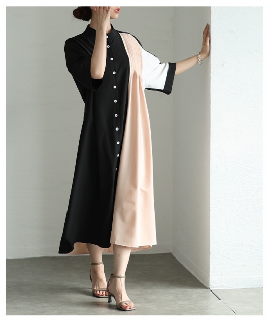 レディース 大人 上品 切り替え配色アシンメトリーシャツ