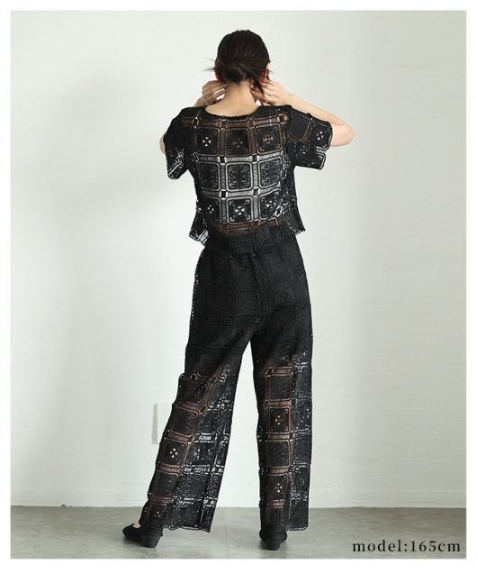 レディース 大人 上品 夏風を感じるスクエアパターンレース