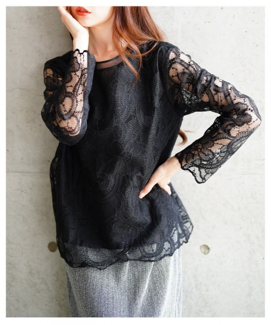 【美品！】インゲボルグ★段々レース風カットソー バラ シンプル シック 長袖 お花モチーフ♪ ブラック系 z18561 イベントセール】 レディース 大人 上品 大輪が咲く花柄レース